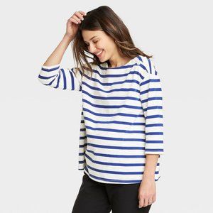 The Nines by HATCH™ Maternity Striped 3/4 Sleeve Boat Neck Drop Shoulder Top